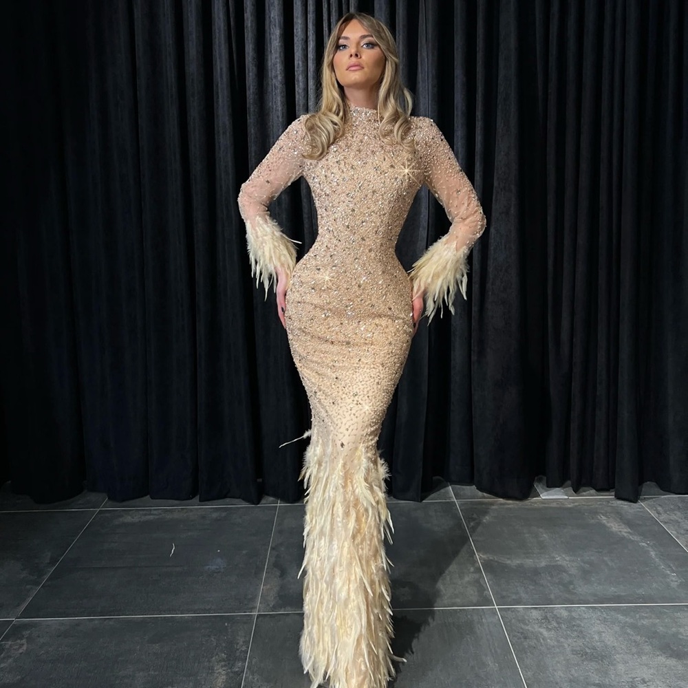 Glamorous Beige Feathered Long Sleeve Gown